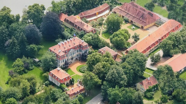 Eine Vogelperspektive zeigt ein historisches Anwesen mit mehreren Gebäuden, einer großen Rasenfläche und einem Gewässer.