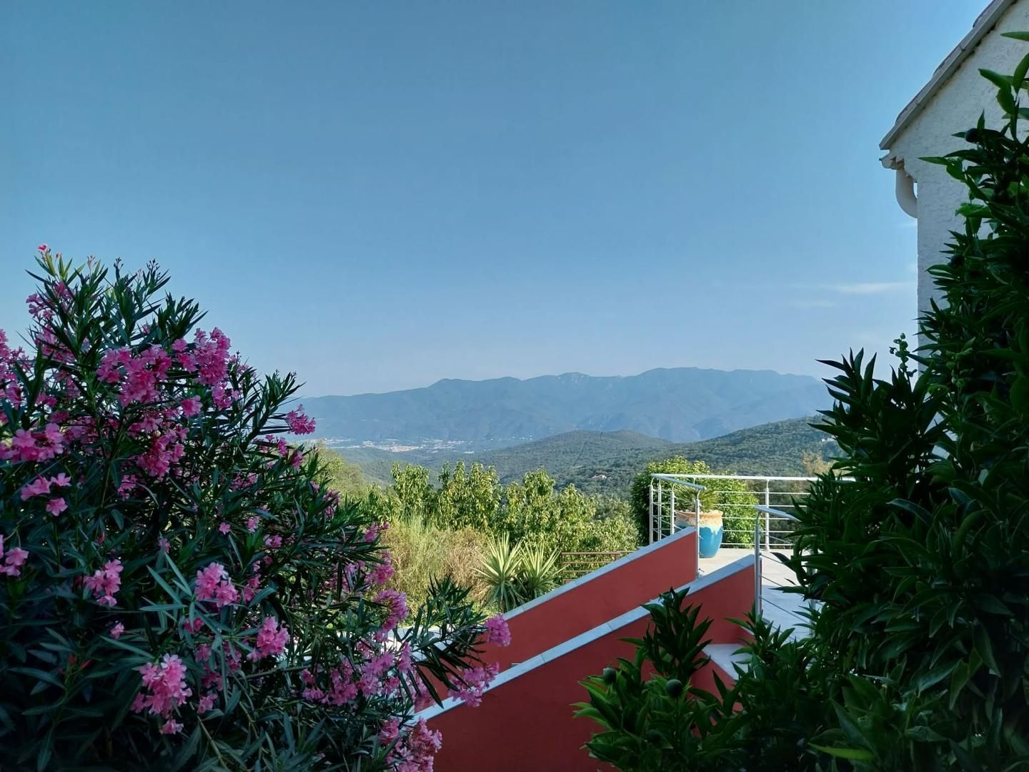 Un balcón con vista a montañas, rodeado de vegetación y un muro rojo.