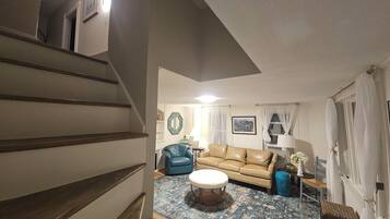 Smart TV, fireplace, books