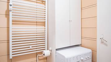 Hair dryer, towels, soap, toilet paper