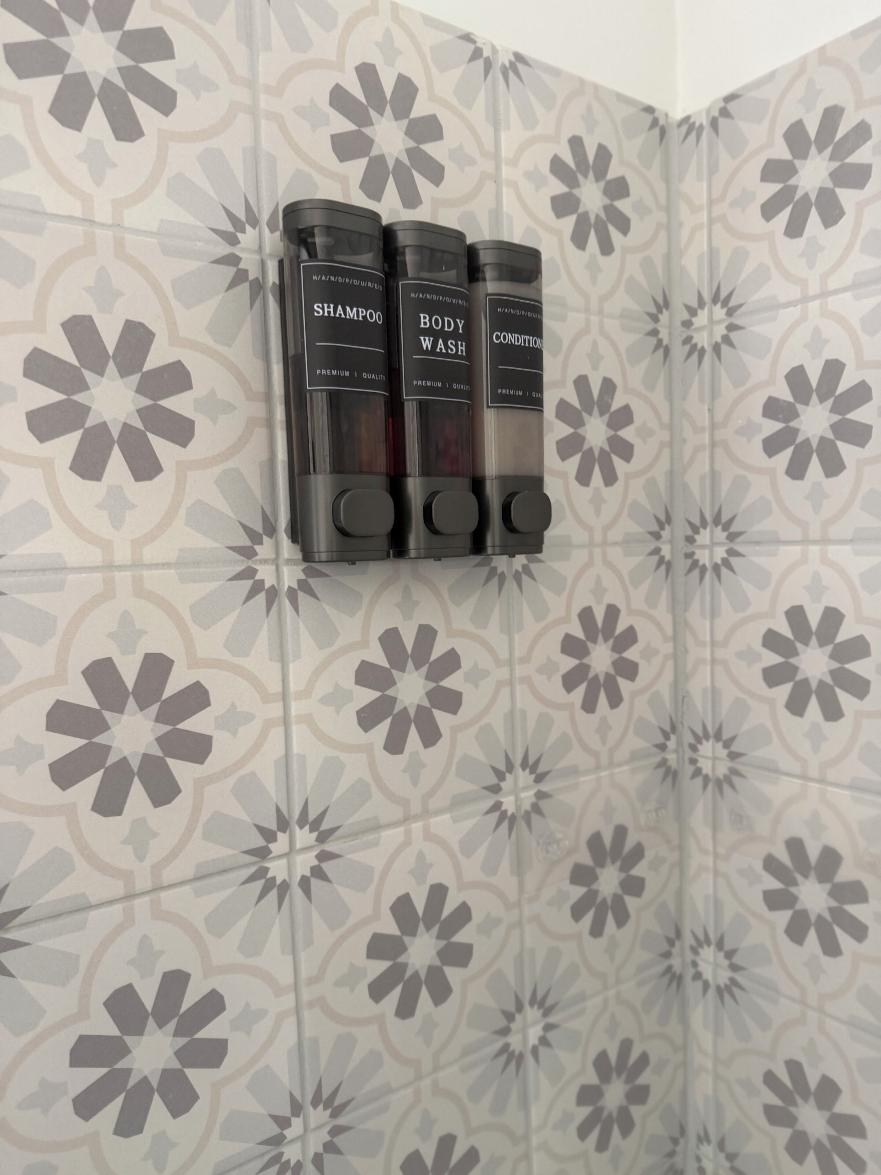 Shower, towels, soap, shampoo