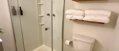 Shower, hair dryer, towels, soap