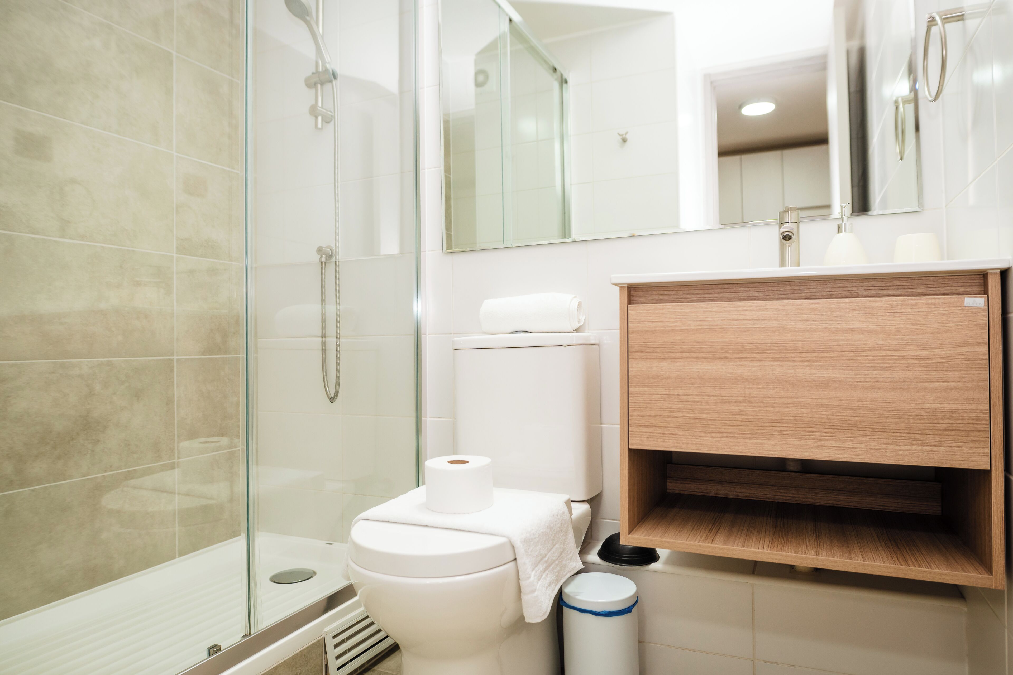 A modern bathroom with a glass shower enclosure, a toilet, a sink with a wooden vanity, and a mirror above the sink.