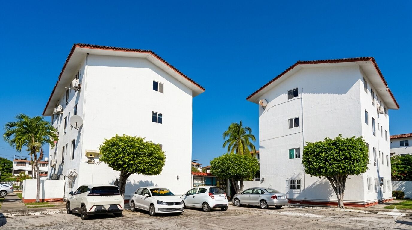 A white building with a red roof, surrounded by parked cars and palm trees.