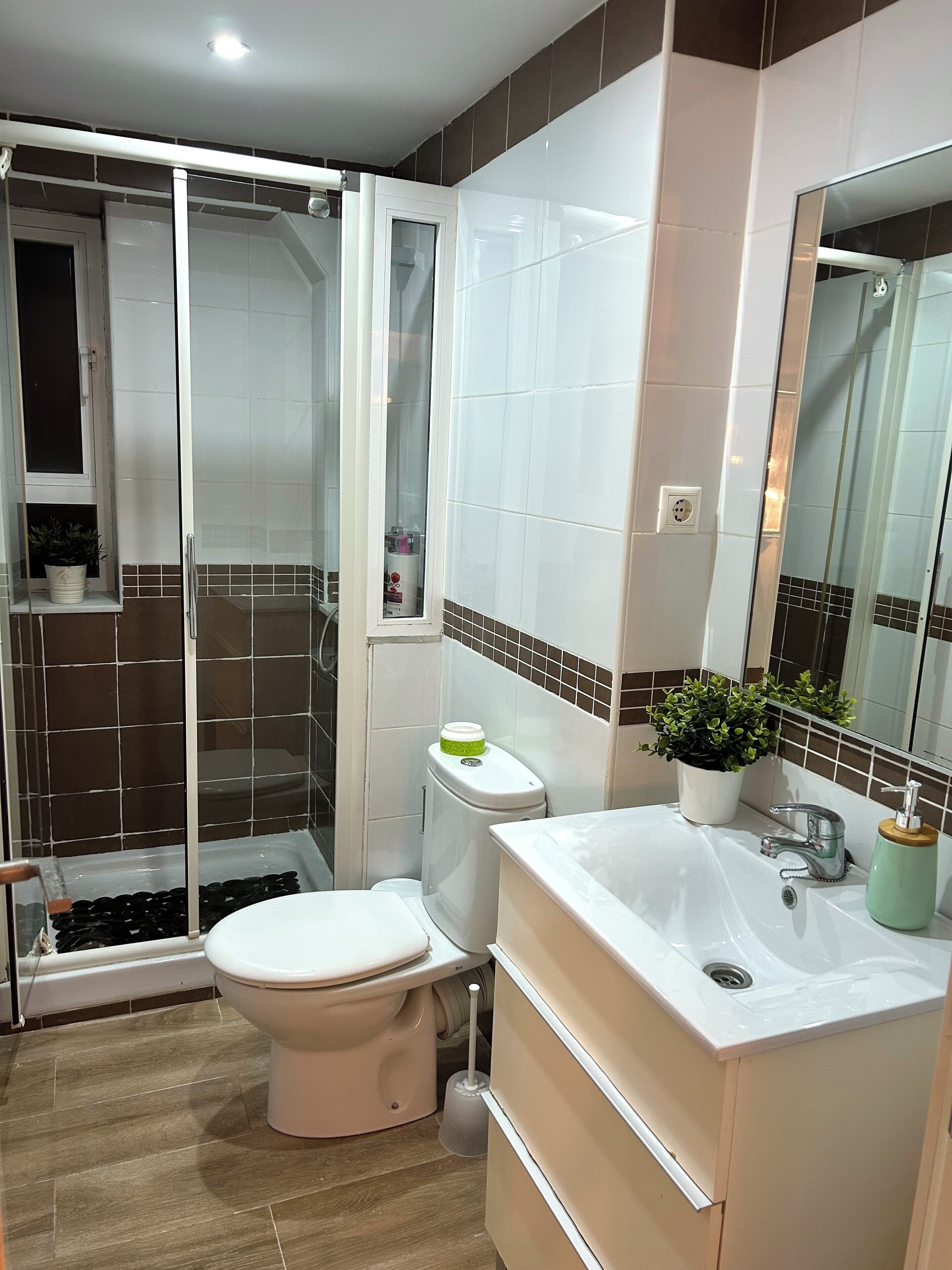 Een douche, een bidet, handdoeken, zeep