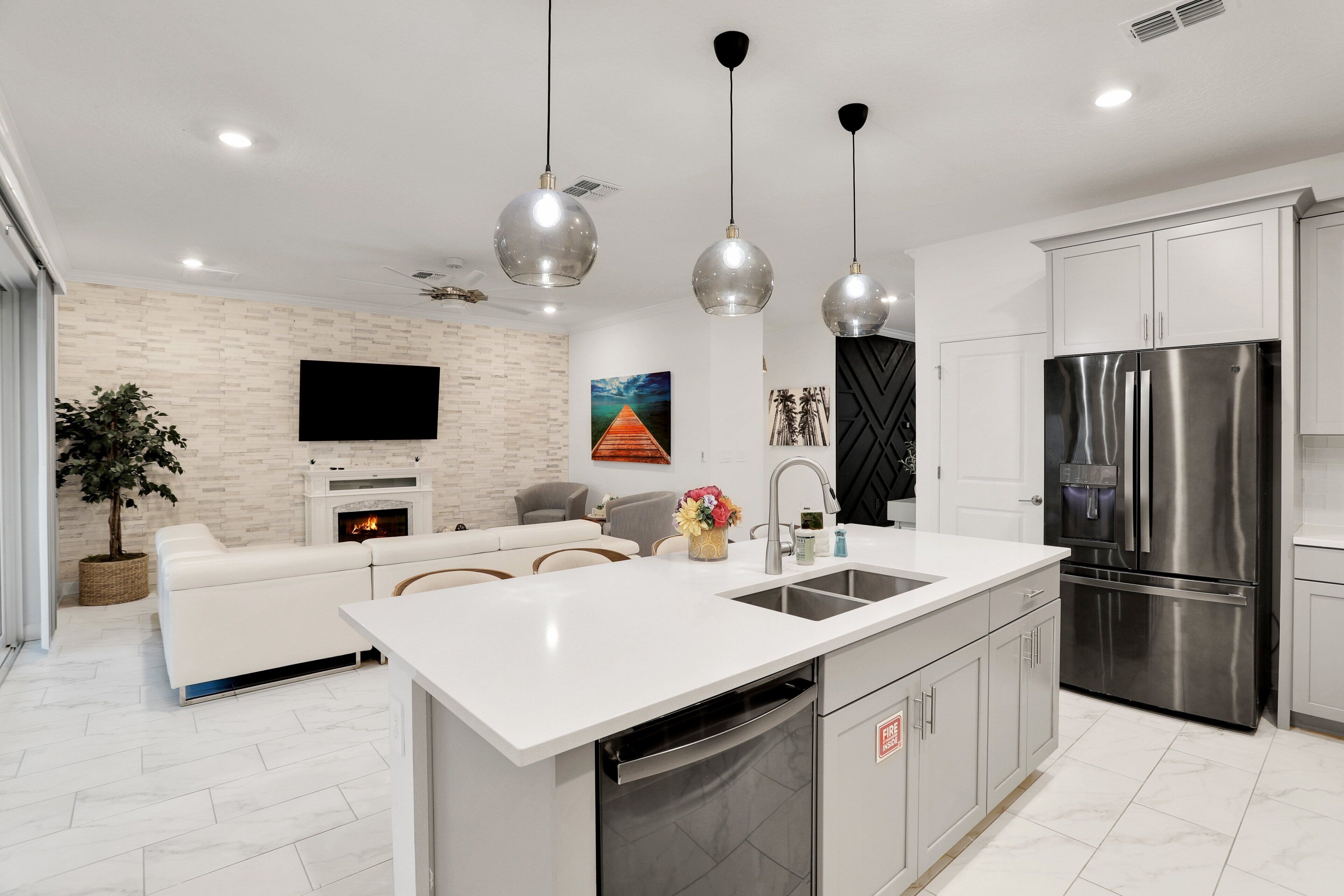 Fridge, microwave, oven, high chair