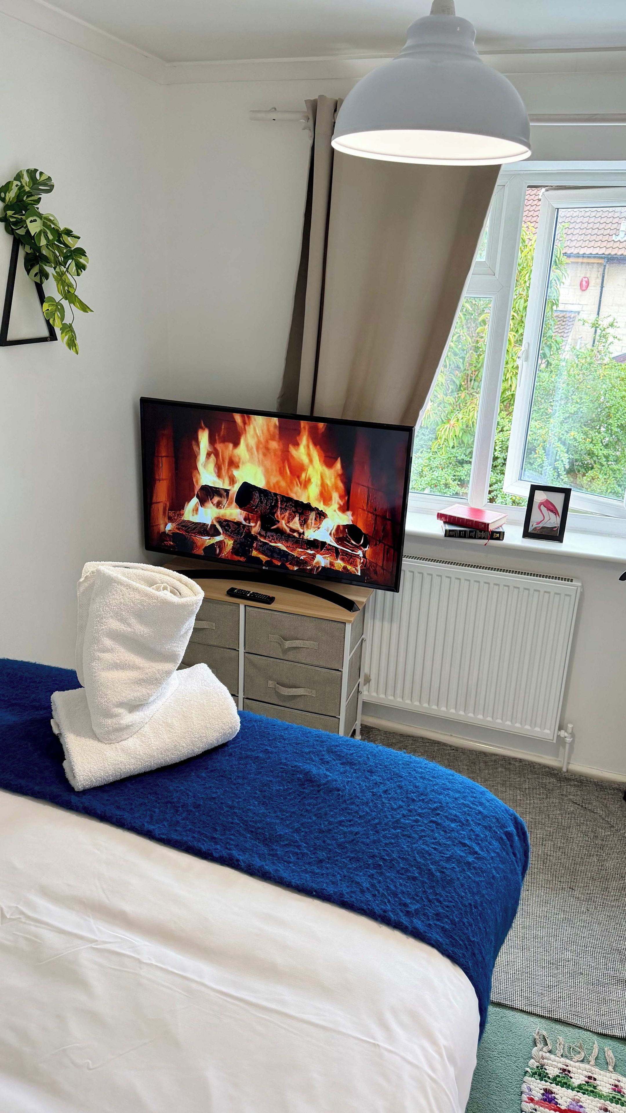 Una camera da letto con un letto, una televisione che mostra un camino acceso, una finestra con vista e un termosifone.