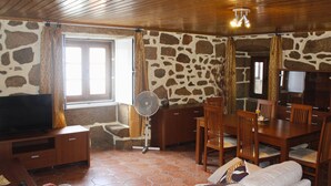 A room with a stone wall, wooden ceiling, a TV, a fan, a dining table with chairs, and a sofa.