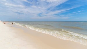 Ein Strand mit blauem Himmel und ruhiger See.
