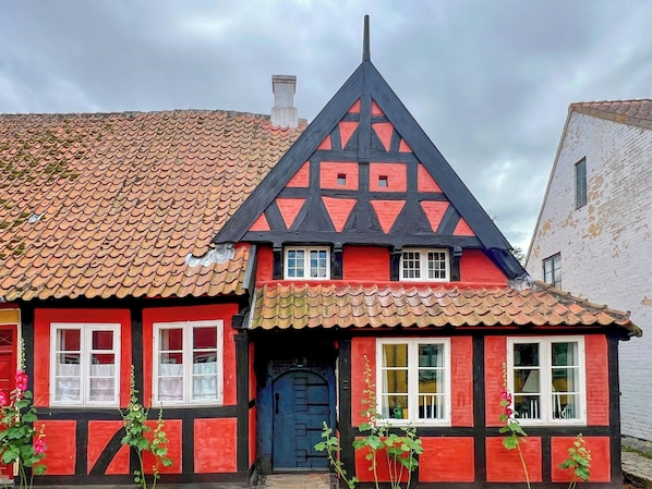 A traditional half-timbered house with a steeply pitched roof, a prominent gable, and a dark blue door.
