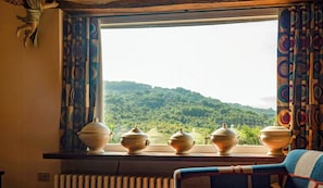 A room with a window overlooking a forested hillside, a radiator, and a chair with a blanket. - Historical panoramic villa with pool, Umbria (Perugia)