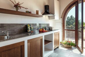 A modern kitchen with a large island, a built-in oven, and a window overlooking a garden. - Apartment in farmhouse with terrace in Maremma (Massa Marittima)