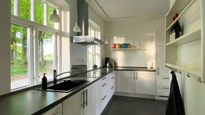 A modern kitchen with a black countertop, white cabinets, a stainless steel sink, and a window overlooking greenery. - Historic cottage by the lake in South Jutland (Branderup J)