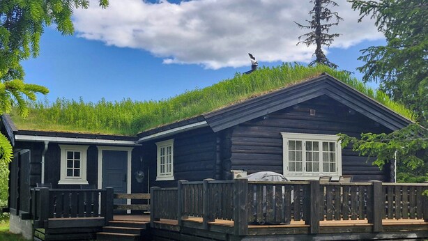 A log cabin with a porch and a small deck, surrounded by greenery. - Log cabin directly by the ski slopes (Gausdal)