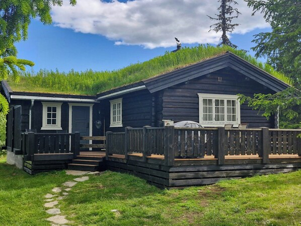 Eine Blockhütte mit Veranda und einer kleinen Terrasse, umgeben von viel Grün.