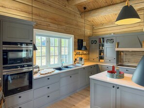 A kitchen with a large window, wooden ceiling, and built-in appliances. - Timber cabin with hot tub and ski runs in Veggli (Veggli)