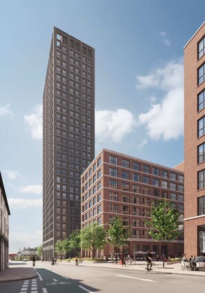 A modern urban street with high-rise buildings, a bike lane, and outdoor seating areas. - Birmingham City Center | Balcony | StayCozy (Birmingham)