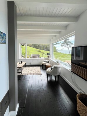 TV, fireplace - House with sea view and atrium (Kalundborg)