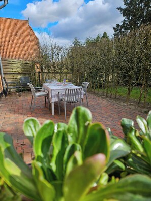 Eine Terrassengruppe im Freien mit Esstisch, Stühlen und einem Pflasterboden.