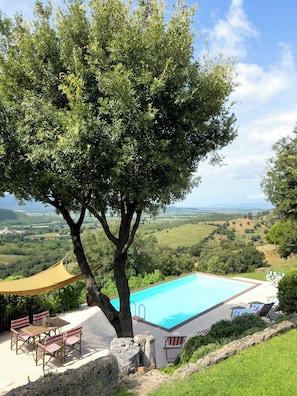 A pool area with a view of the countryside, a large tree, and outdoor seating. - Traditional Tuscan villa on hill with pool (Magliano in Toscana)