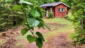 A rustic cabin surrounded by dense forest, with a dirt path leading to it. - Off-grid cabin in your private Swedish forest (Simlångsdalen)