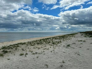 Ein Strand mit Sand, spärlicher Vegetation, einem klaren Himmel mit Wolken und ruhiger See.