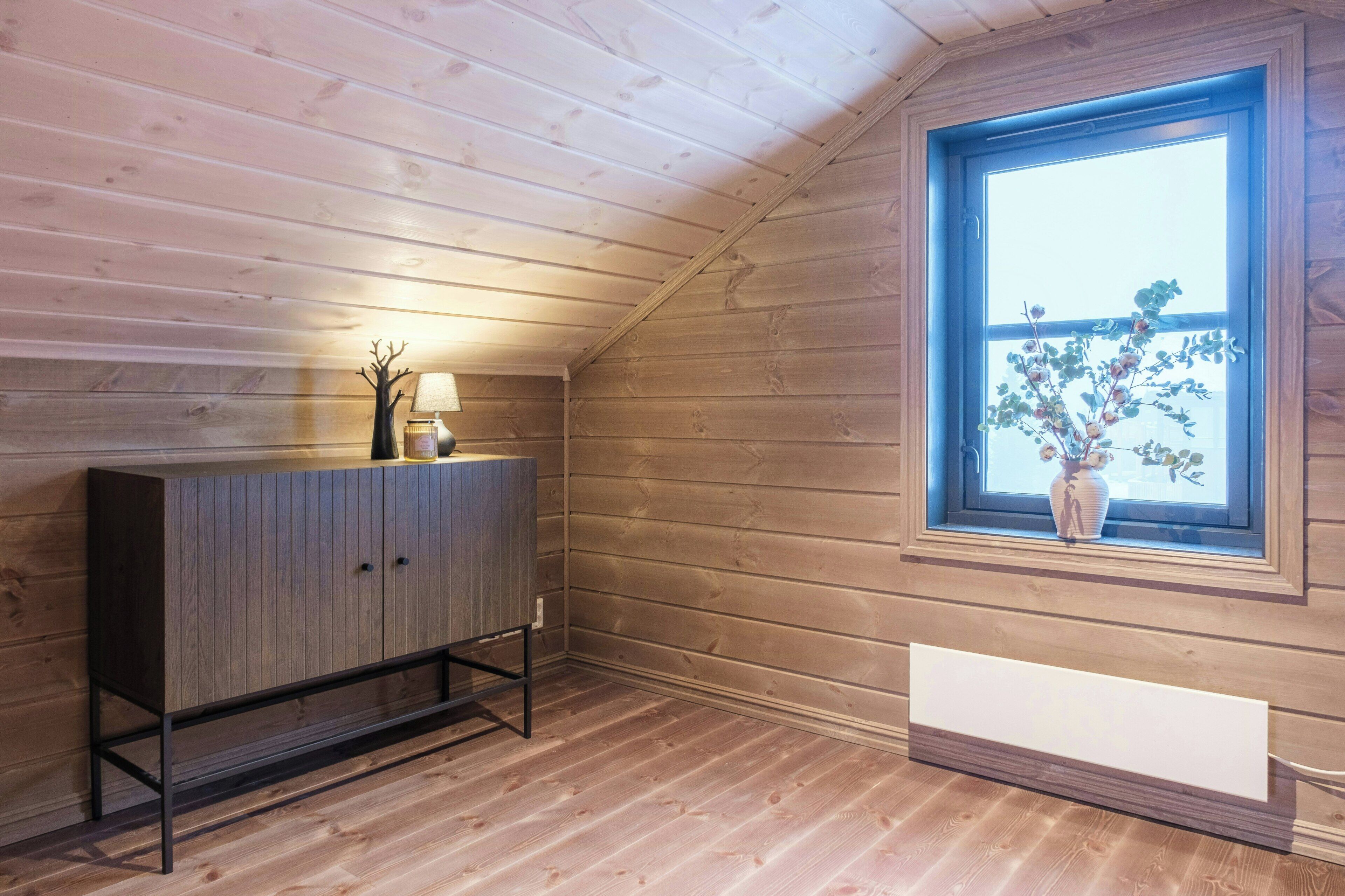 A room with wooden paneling, a cabinet with a lamp, a radiator, and a window with a plant.