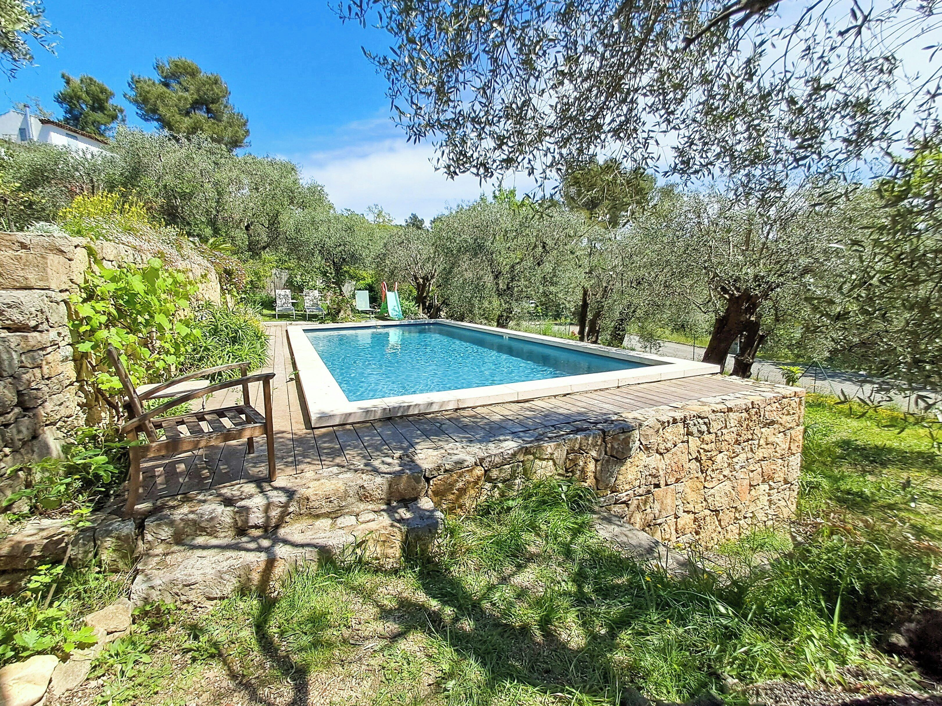 A rectangular pool with a stone border, surrounded by greenery and trees.