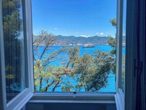 Une vue à travers une fenêtre sur un paysage côtier, avec des arbres, une mer bleue et limpide, et des montagnes lointaines.