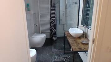 Hair dryer, towels, soap, toilet paper