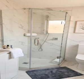 Un baño con cabina de ducha de vidrio, inodoro y suelo de mármol.