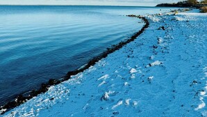 Een strand bedekt met sneeuw, met een heldere lucht en een rustige zee.