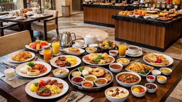 A breakfast buffet with various dishes, beverages, and a coffee station.