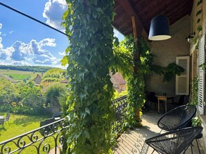 Ein Balkon mit Blick auf eine ländliche Landschaft, eine mit Grün bewachsene Pergola und eine hängende Leuchte.