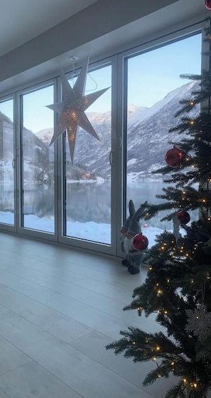 Una stanza con ampie finestre, decorazioni a stella e un albero di Natale.