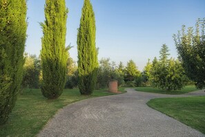 Ein Kiesweg in einem angelegten Garten mit hohen, kegelförmigen Bäumen und einer kleinen Backsteinstruktur.