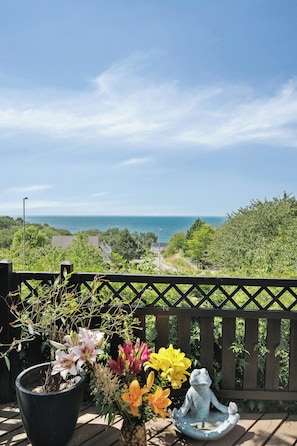 Ein Balkon mit Meerblick, Blumentöpfen und einer Froschstatue.