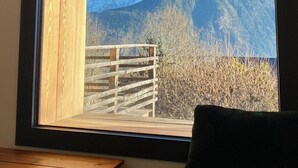 Ein Zimmer mit einem großen Fenster und Blick auf schneebedeckte Berge.