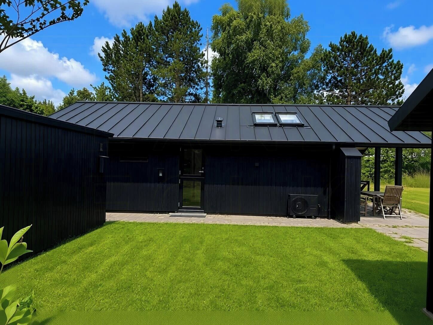 Un bâtiment moderne doté d’un toit plat, d’un espace extérieur aménagé avec des sièges et d’une pelouse bien entretenue.