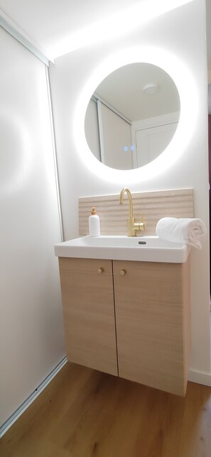 Douche, sèche-cheveux, serviettes fournies, papier toilette