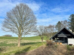 Ländliche Gegend mit einem großen Baum, einem Gebäude mit geneigtem Dach und einem grünen Feld.