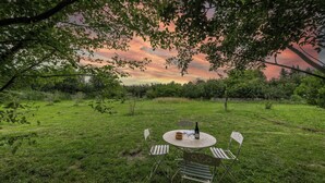 An outdoor seating area with a table, chairs, and a bottle. - House with private beach on the Sorgue (L'Isle-sur-la-Sorgue)