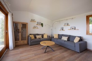 A modern living room with two grey sofas, a wooden coffee table, and a glass cabinet. - Exclusive Villa Mirador de Arucas - Family & Friends (Arucas)