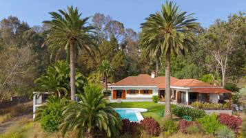 A two-story house with a swimming pool, surrounded by palm trees and a variety of vegetation.