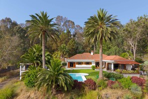 A two-story house with a swimming pool, surrounded by palm trees and a variety of vegetation.