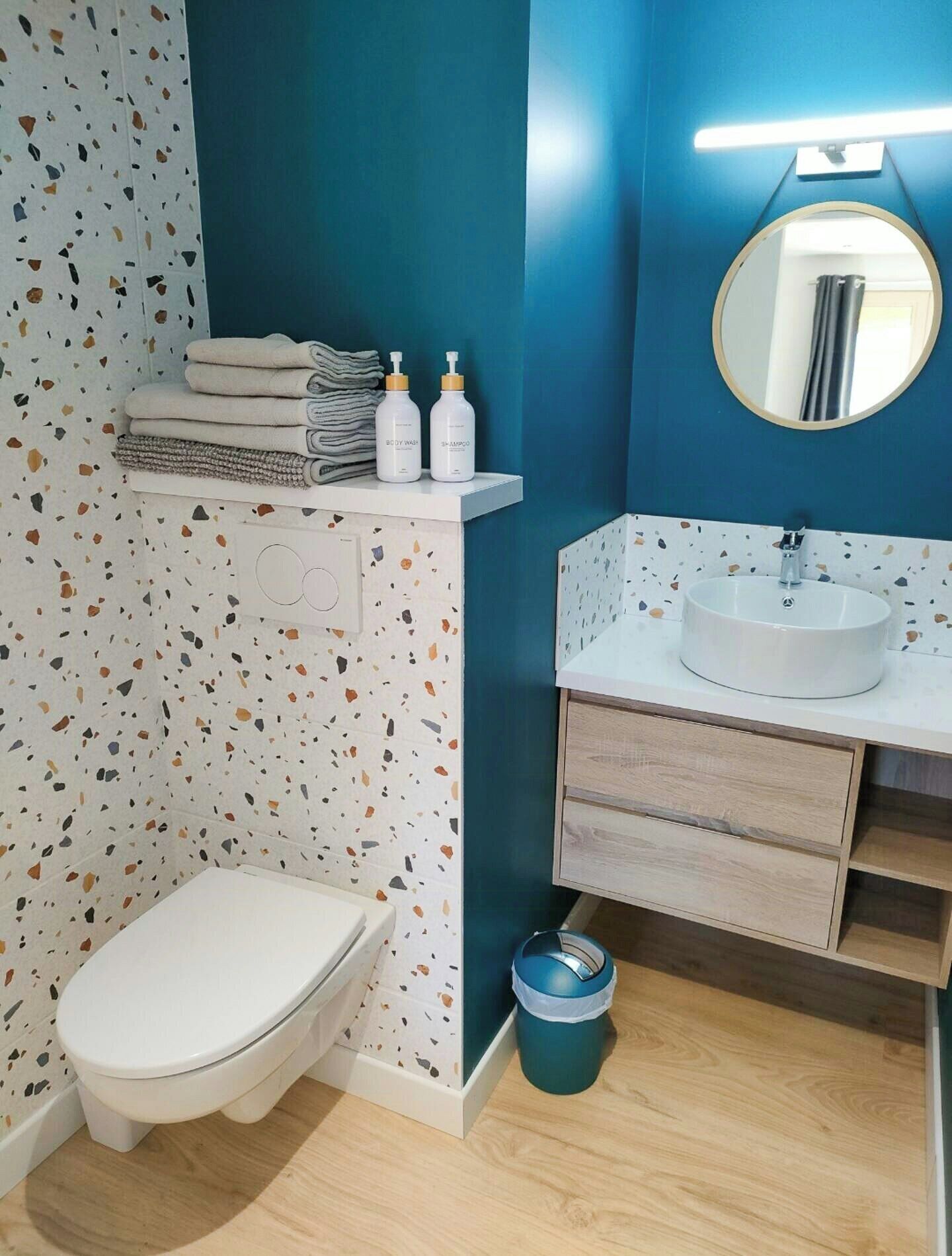 Ein Badezimmer mit Toilette, Waschbecken mit Spiegel und Ablagefläche mit gefalteten Handtüchern und zwei Flaschen.