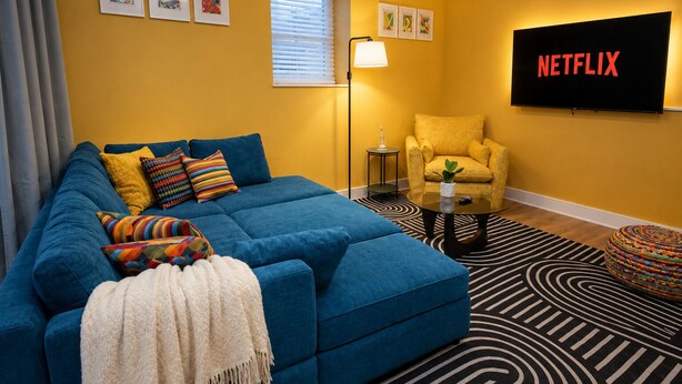 A living room with a blue sofa, yellow armchair, and a TV displaying 'NETFLIX'. - Chicago Edgewater 3BR - 9 Min Walk to Loyola (Chicago)
