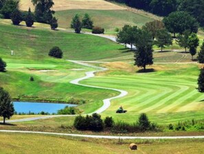 Un parcours de golf avec un sentier sinueux, un étang et des arbres.