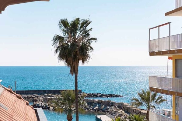 Blick auf einen Poolbereich mit einer Palme, einer felsigen Küste und einem Gebäude mit Balkonen.
