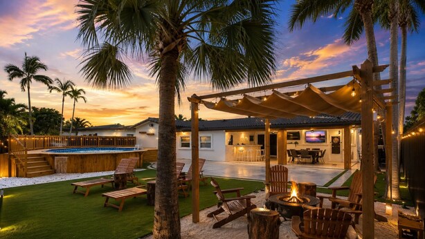 A backyard with a pergola, outdoor seating, a fire pit, and a pool area.